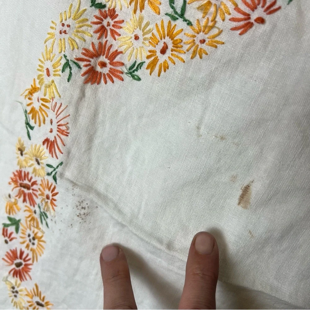 Vintage Hand Embroidered Square Table‎ Cloth Floral 35”x35” White Orange Yellow